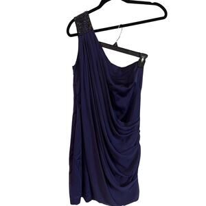 Cache Blue Beaded One Shoulder Draped Dress Size 10